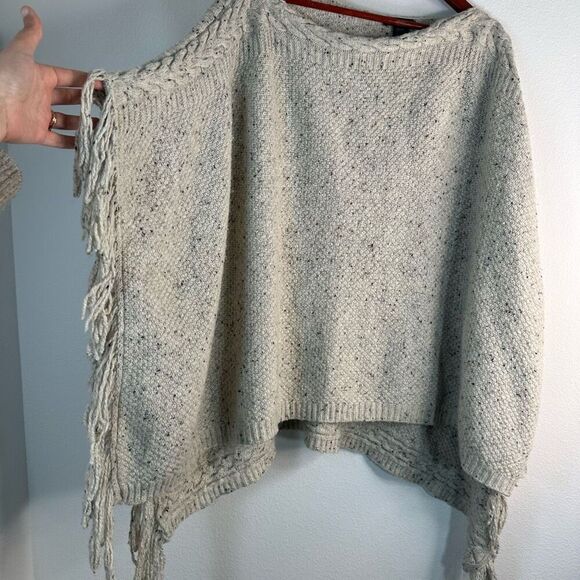 Lauren Ralph Lauren Wool Blend Speckled Knit Poncho Sweater Fringe Trim One Size - Picture 4 of 6